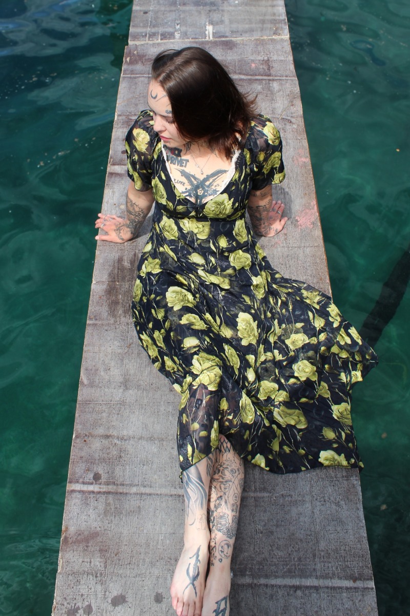Dark Rose Print Asymmetric Midi Dress