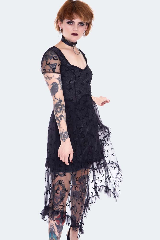 Black mesh with moons midi layered dress