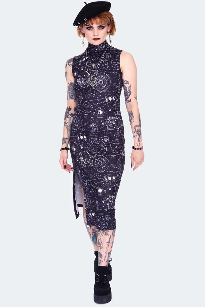 Alchemy cat print midi cut out dress | Alternative Clothing Store ...