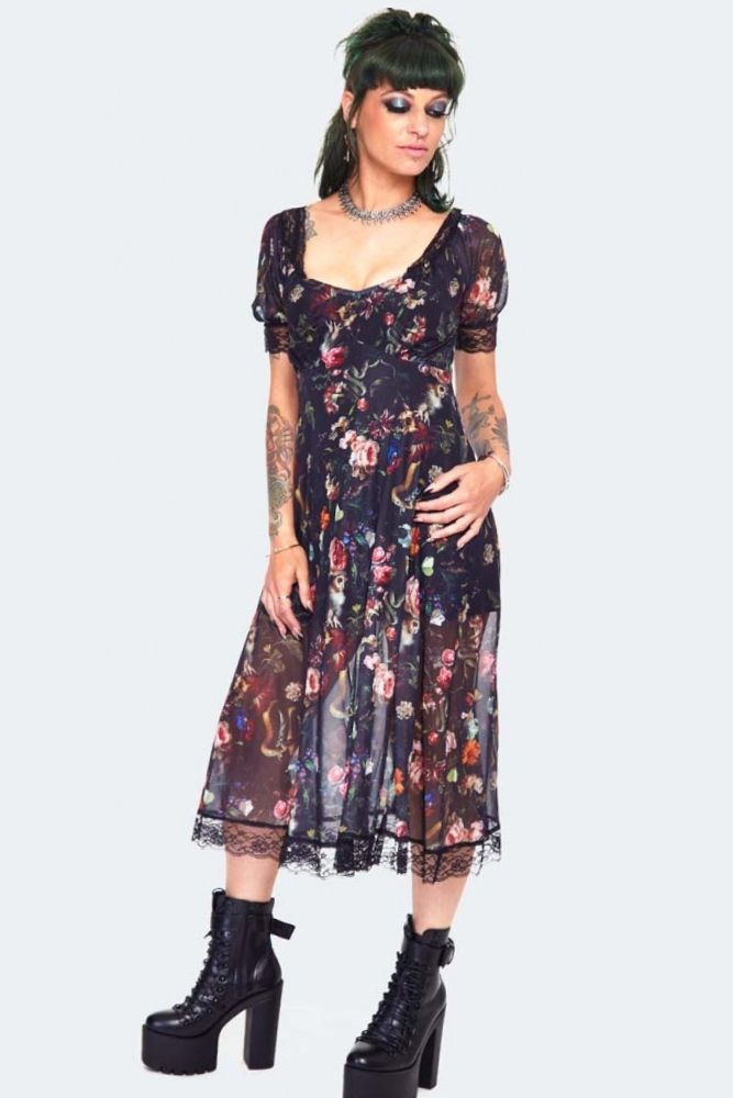 Night garden print midi dress with lace | Alternative Clothing Store ...