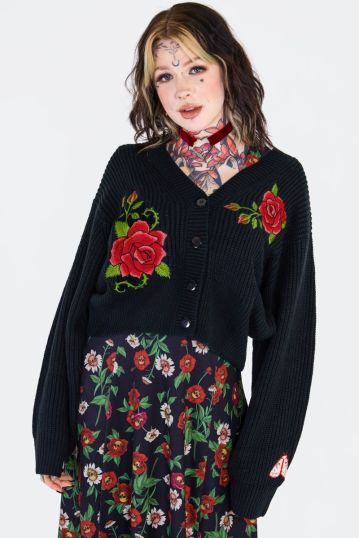 Rose Embroidered Oversized Cardigan