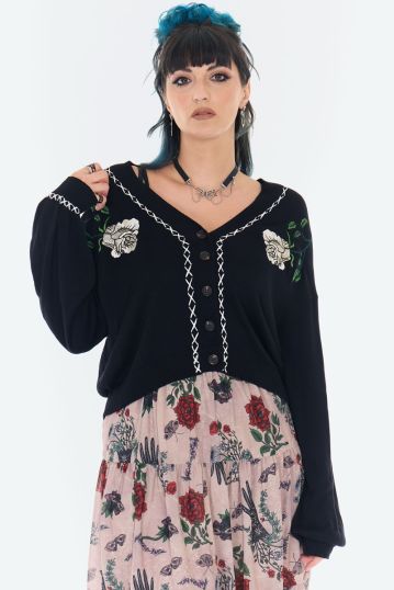 White Rose Embroidered Oversized Cardigan