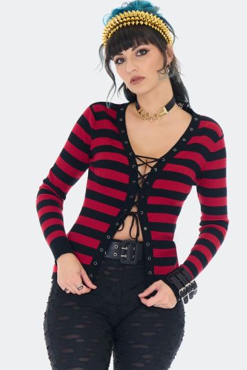 Red and Black Striped Lace Up Cardigan