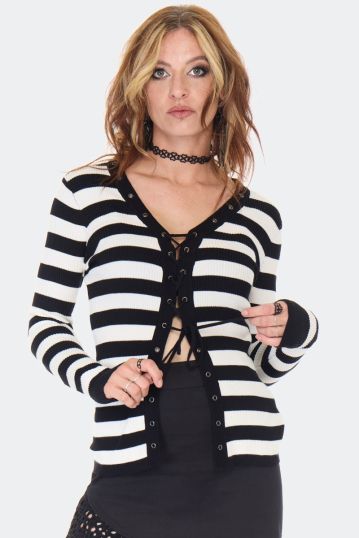 White and Black Striped Lace Up Cardigan