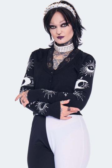 Moon Embroidered Lace Trim Cardigan
