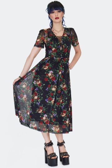  Skull In Roses Gothic Midi Dress