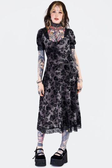 Flocked Skull Lace Trim Midi Dress