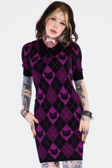 Argyle Cat Knitted Polo Dress