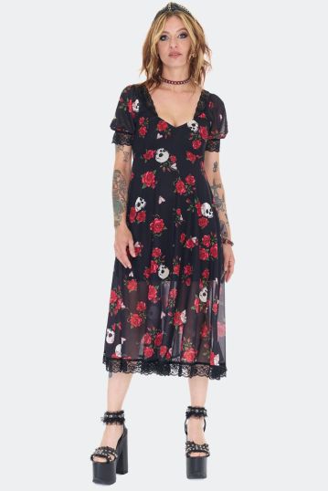 Skull And Rose Print Lace Panel Midi Dress