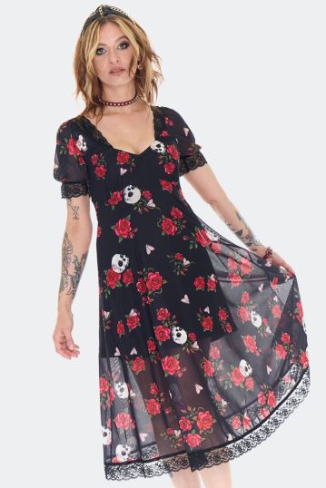 Skull And Rose Print Lace Panel Midi Dress