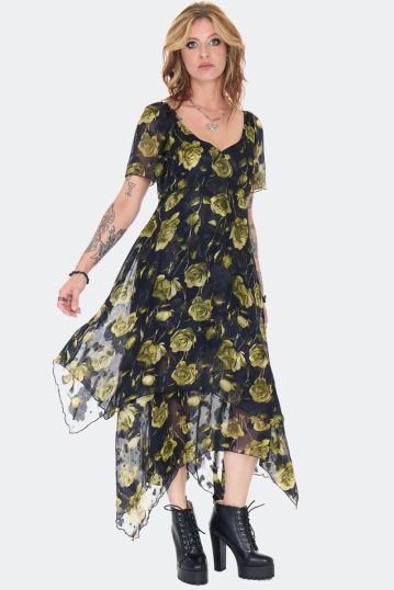 Dark Rose Print Asymmetric Midi Dress