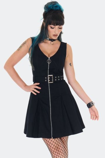 Black Zip Front Belted Mini Dress