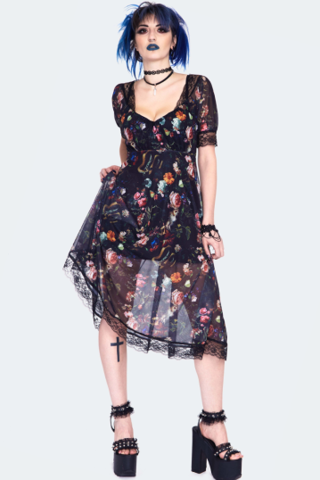 Night Garden Print Short Sleeve Dress