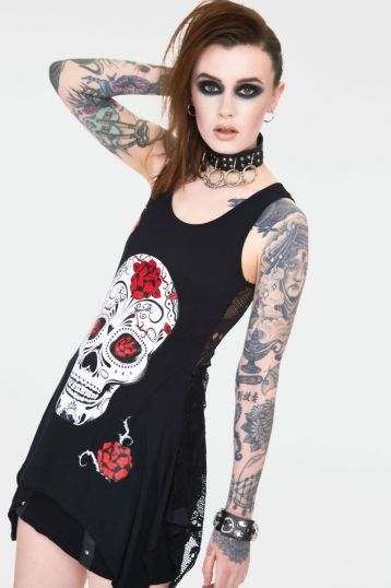 Mexican skull and roses longline sleevles top with back mesh