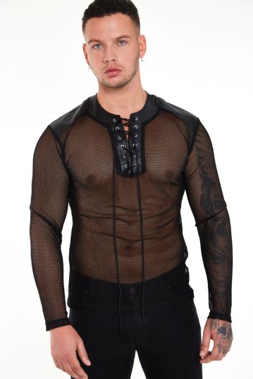 Fishnet Top With Leather Contrast