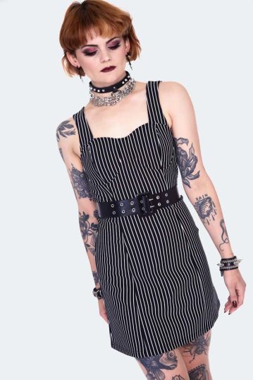 Pinstripe bodycre dress with waist belt