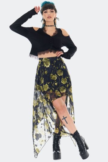 Dark Rose Print Asymmetrical Skirt