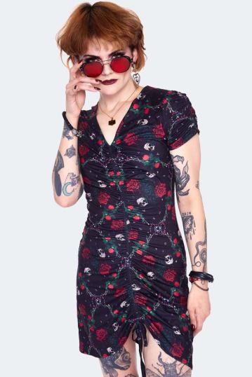 Skull and roses print Ruched bodycon Dress