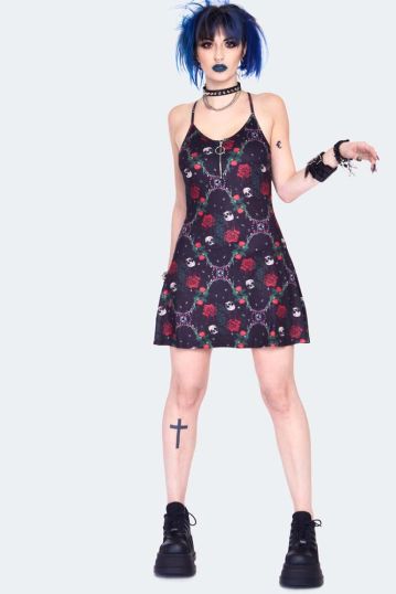 Skull and roses print mini dress