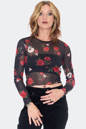 Skull And Rose Print Mesh Top