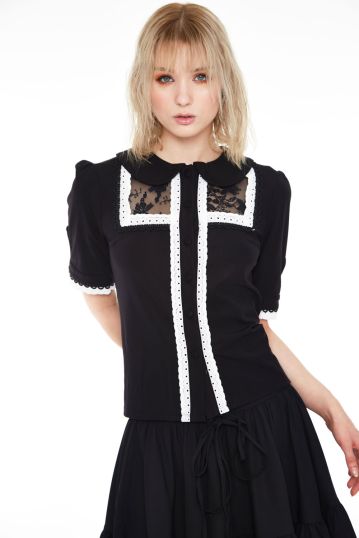 Lace and trim collared button up top