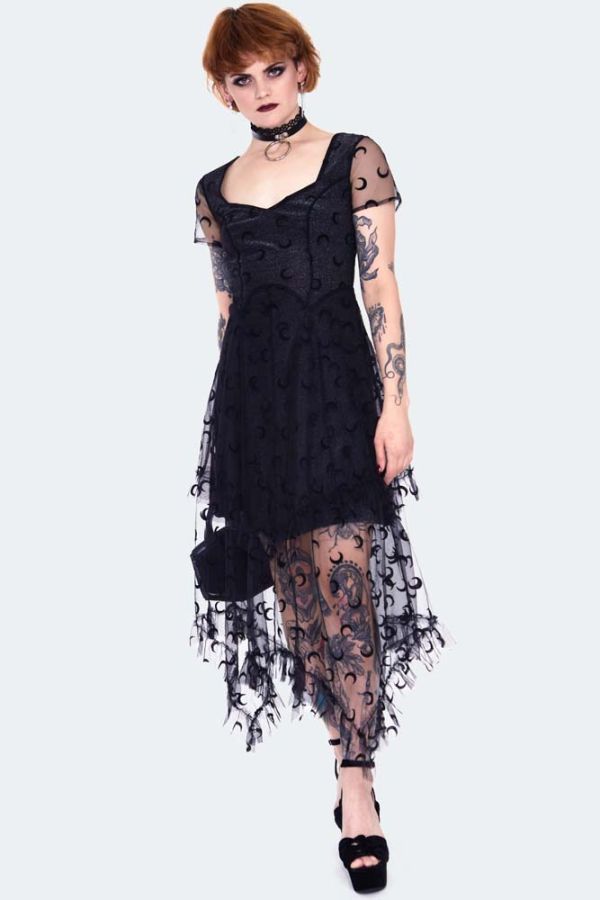 Black mesh with moons midi layered dress