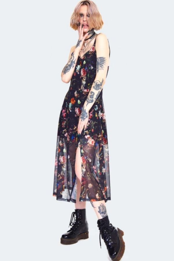 Night garden print midi dress with front open