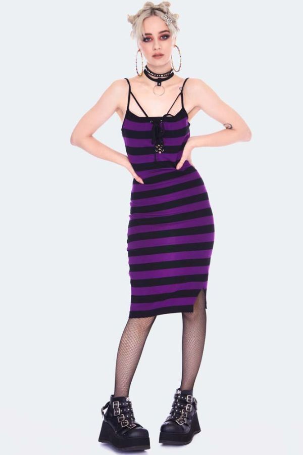 Purple Stripe Bodycon Dress with Tie