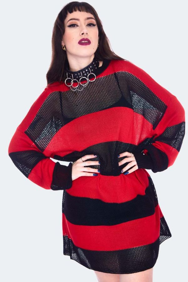 Red And Black Contrast Knit Oversized Jumper