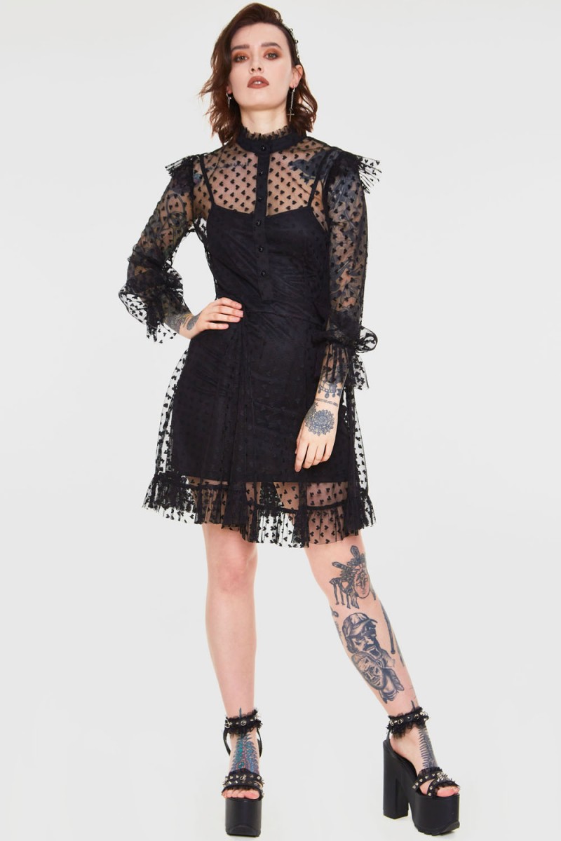 black skater dress for funeral Don't Mesh With My Heart Ruffled Skater Dress | Alternative Clothing Store