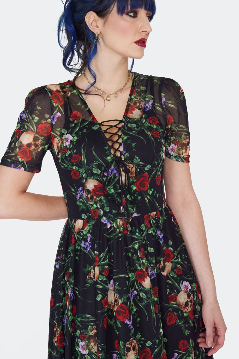 Skull In Roses Gothic Midi Dress