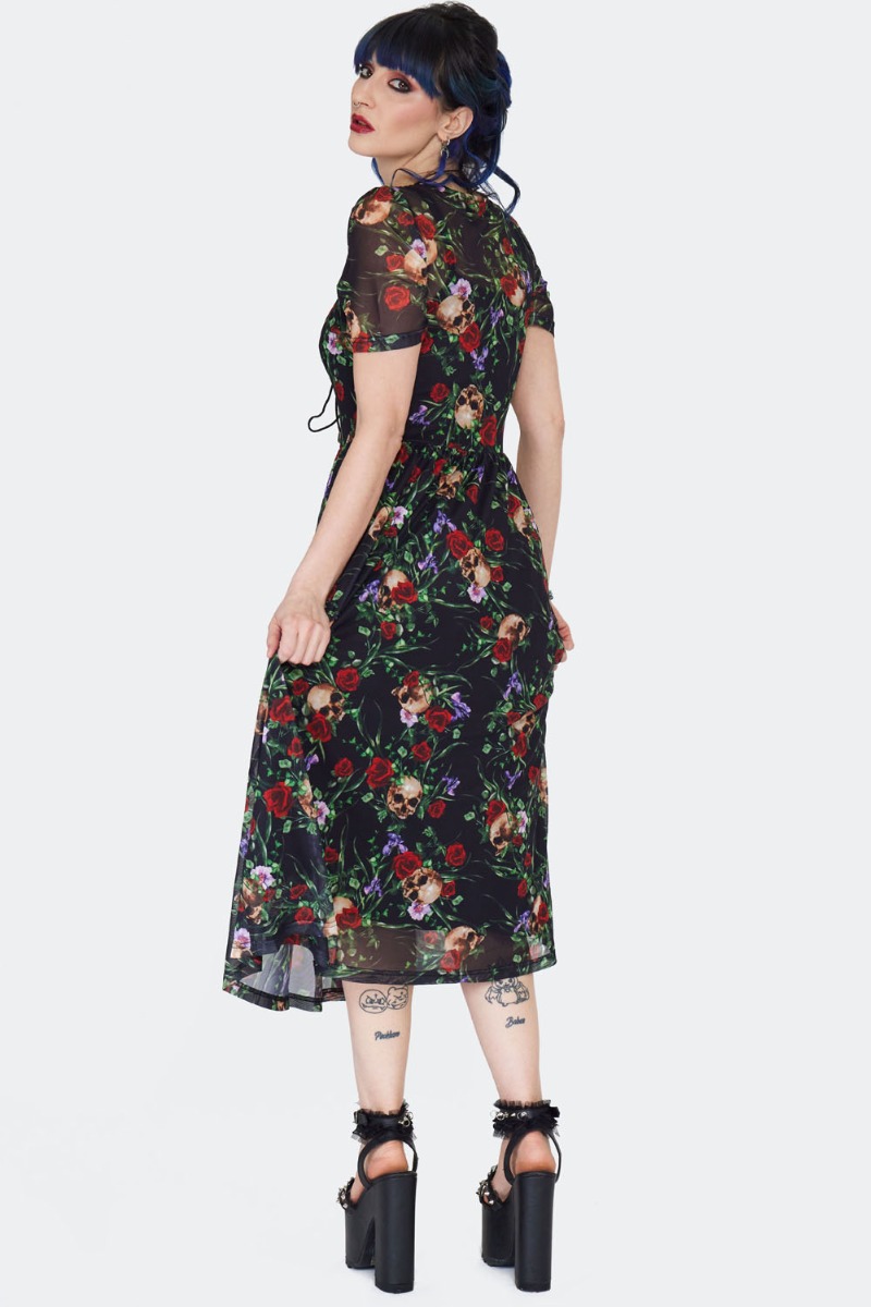 Skull In Roses Gothic Midi Dress