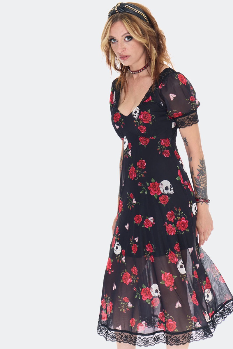 Skull And Rose Print Lace Panel Midi Dress