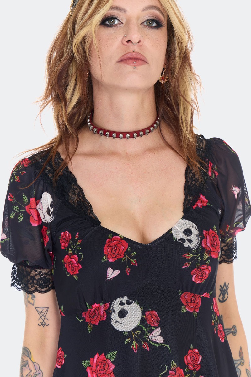 Skull And Rose Print Lace Panel Midi Dress