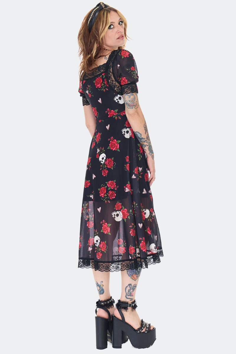 Skull And Rose Print Lace Panel Midi Dress