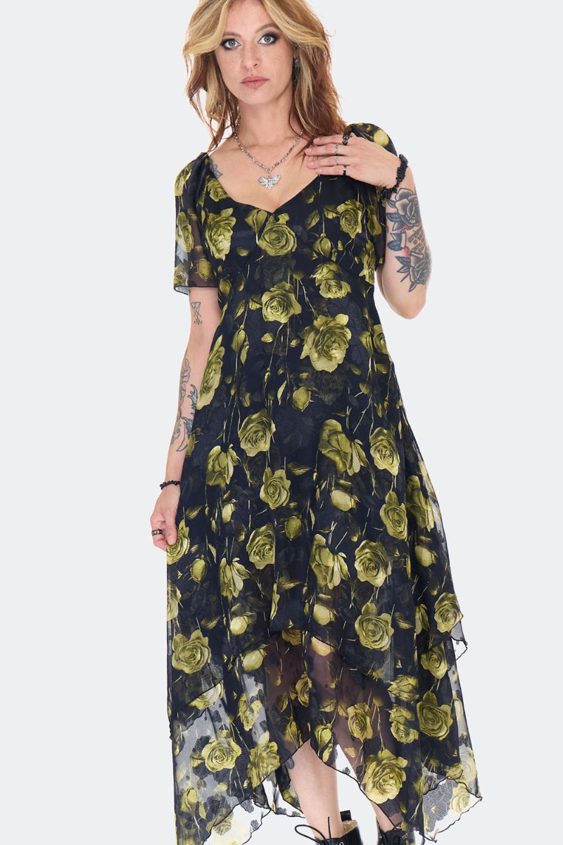 Dark Rose Print Asymmetric Midi Dress