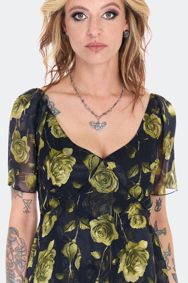 Dark Rose Print Asymmetric Midi Dress