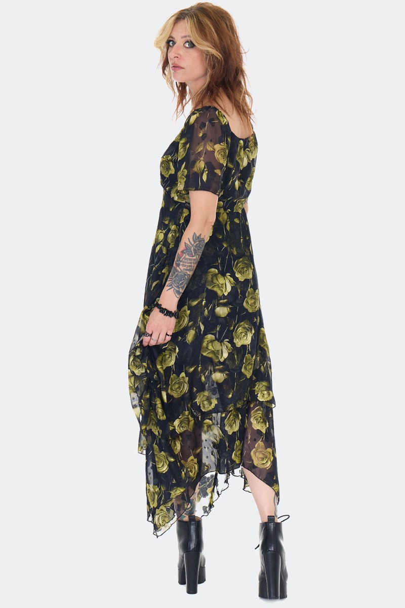 Dark Rose Print Asymmetric Midi Dress