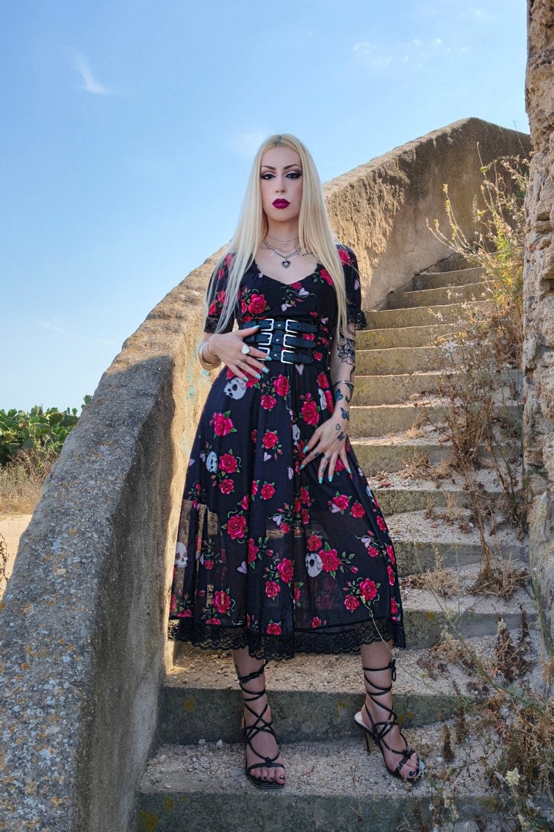 Skull And Rose Print Lace Panel Midi Dress