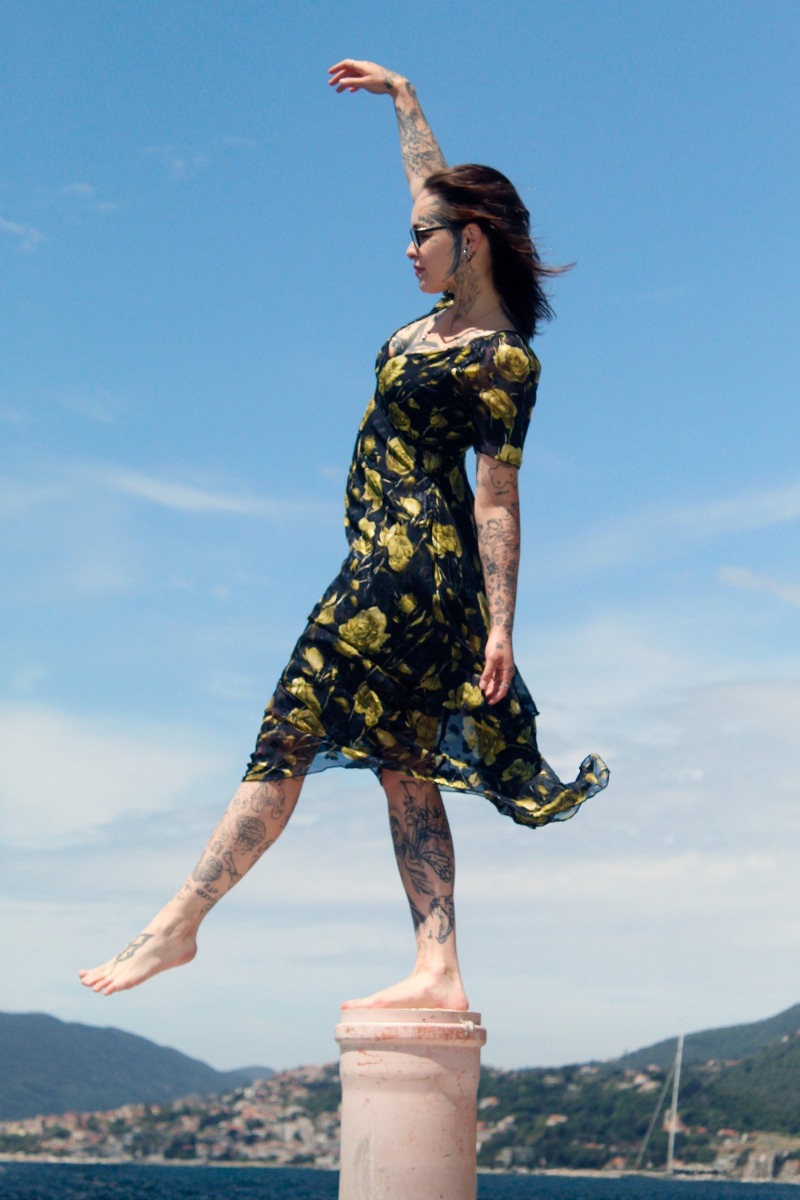 Dark Rose Print Asymmetric Midi Dress