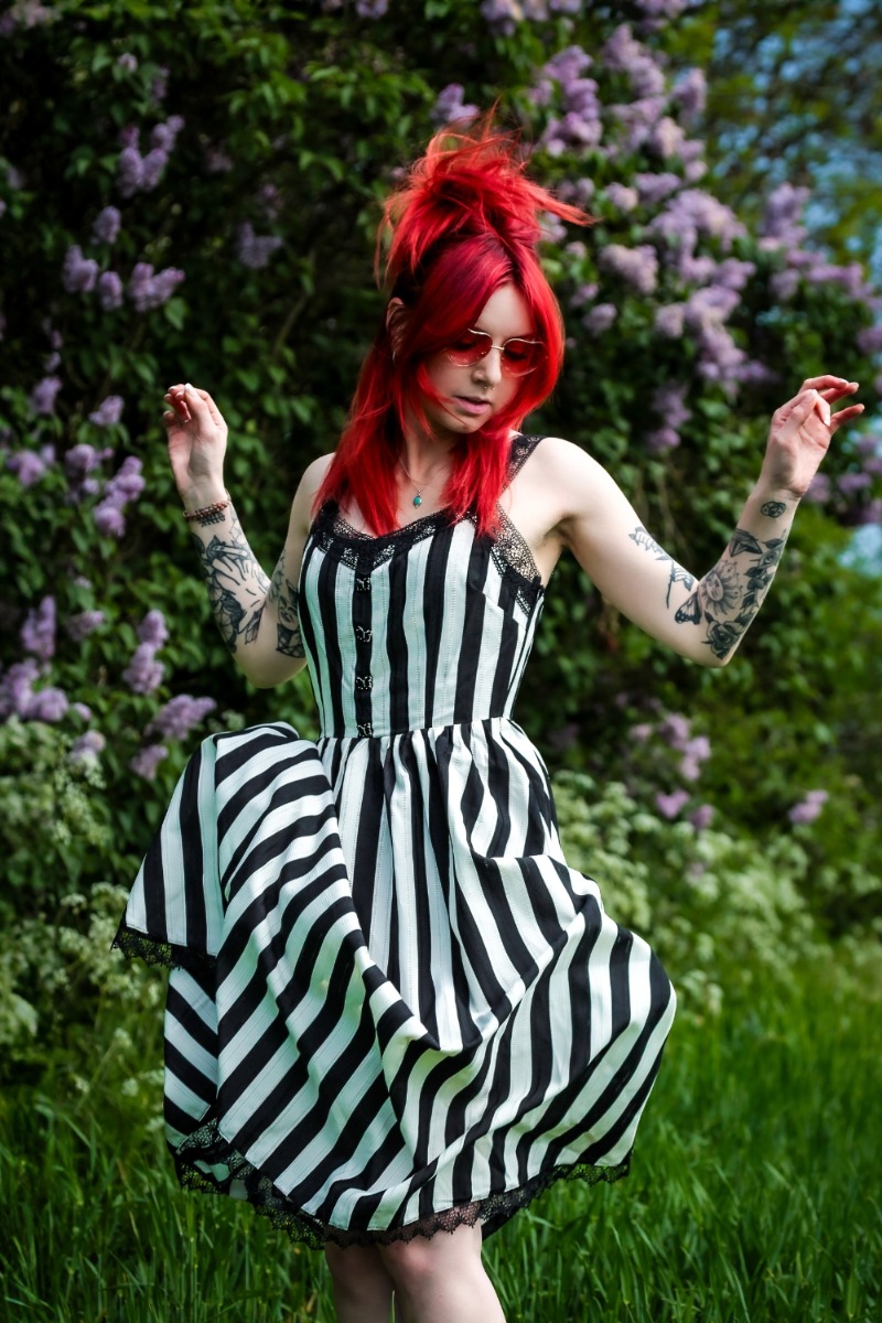 Gothic Striped Lace Trim Midi Sundress