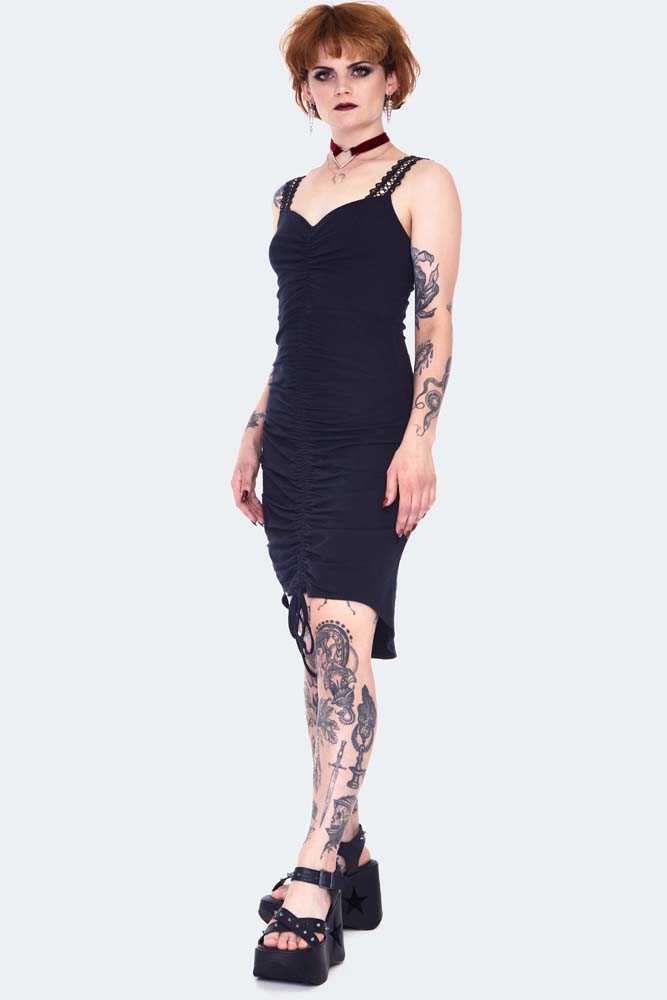 Long at back rouched dress with lace