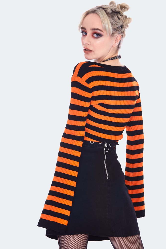 Orange Stripe Knitted Top With Front Tie