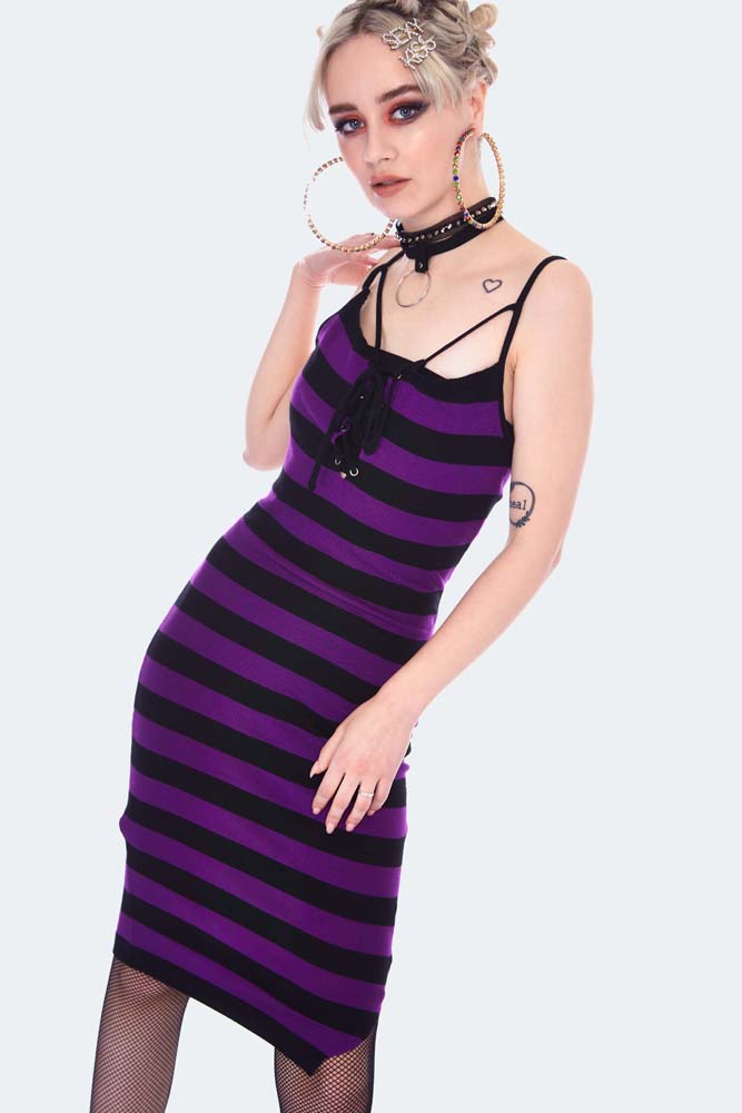 Purple Stripe Bodycon Dress with Tie