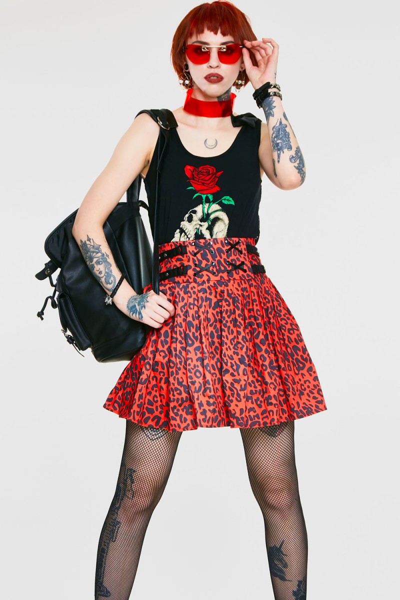 Red Leopard Print Studded Skirt