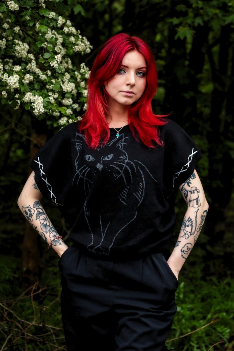 Gothic Cat Print Oversized Knitted Top