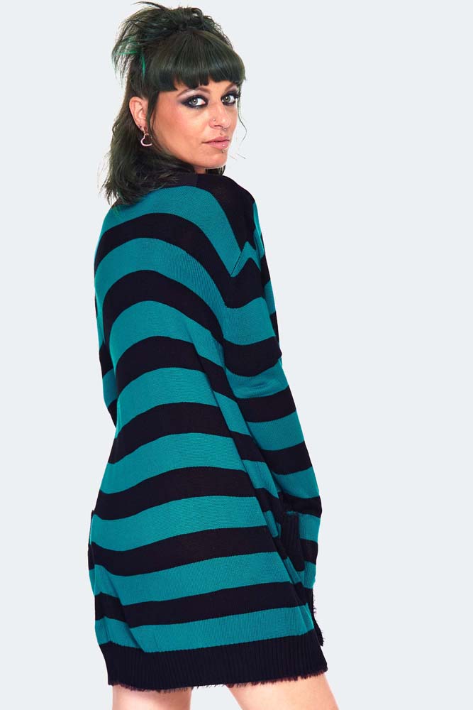 Teal Striped Oversized Cardigan
