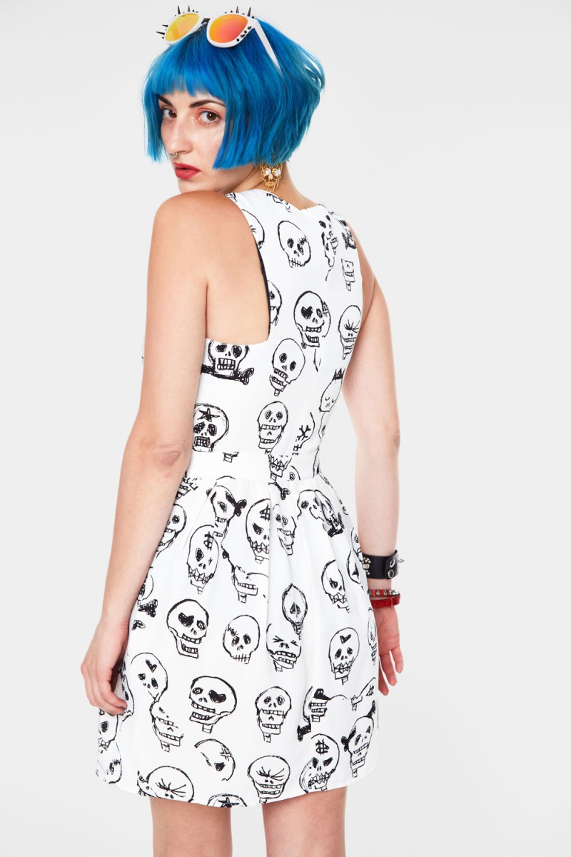 Vertex Cut Out Skull Doodle White Dress | Alternative Clothing Store | Gothic, Punk, Metal, Rock Vertex Cut Out Skull Doodle White Dress | Alternative Clothing Store | Gothic, Punk, Metal, Rock